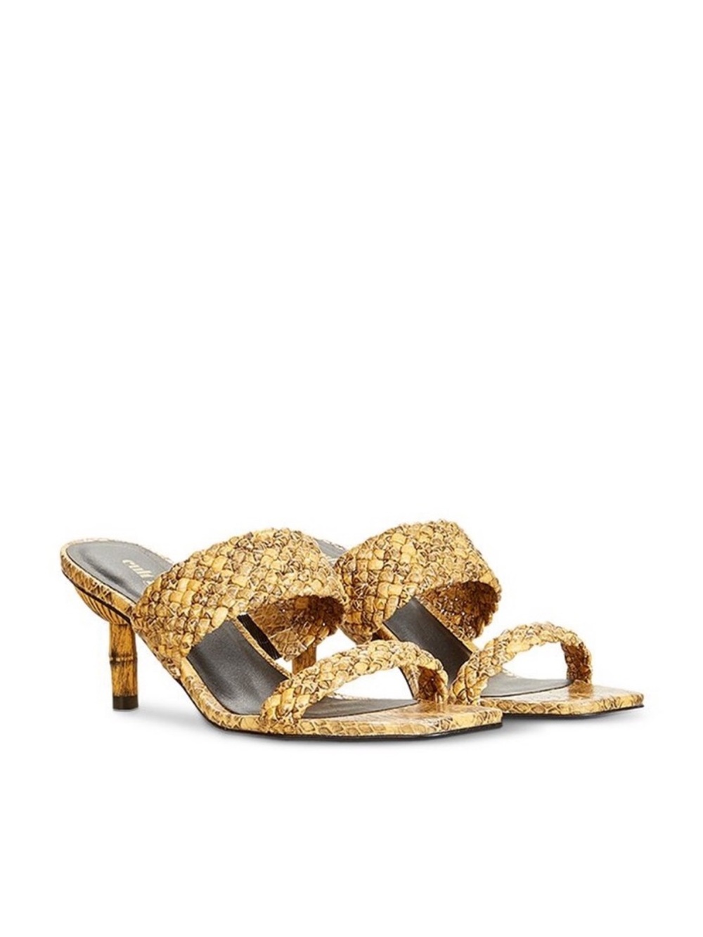 Cult Gaia Kal Sandals 38.5 Canary Snake Embossed Leather Bamboo Heel Mules